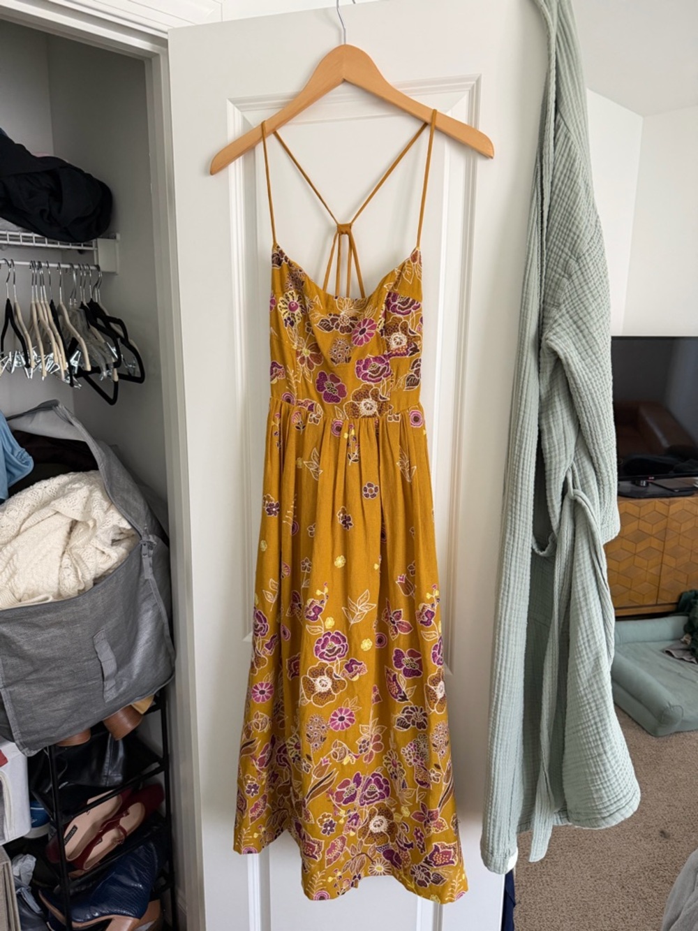 Anthropologie Mustard Floral Spaghetti-Strap Midi Dress